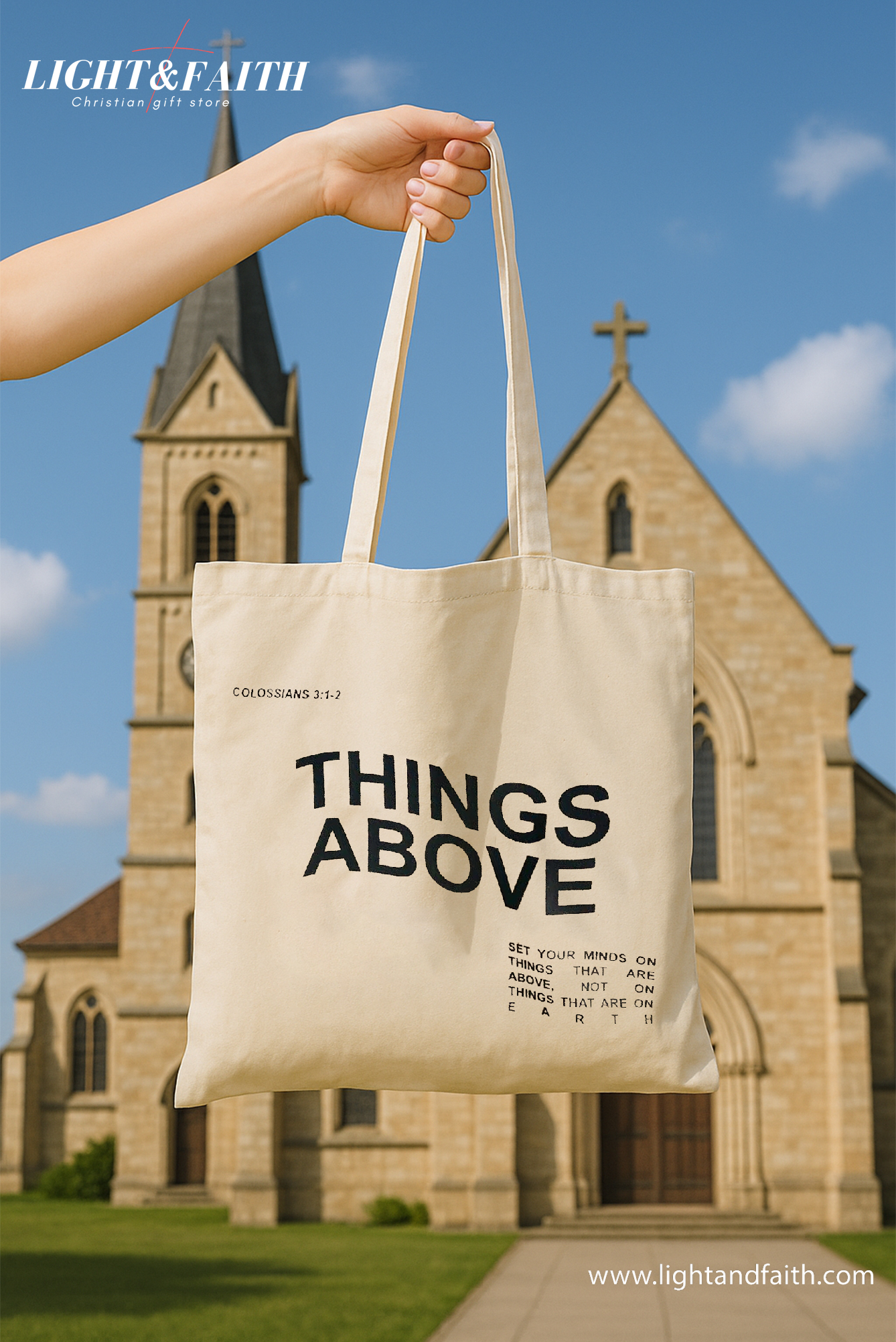 Christian Large Tote Bag – THINGS ABOVE Colossians 3:1-2 – Beige Canvas Tote – Bible Verse Christian Gift – Faith-Based Scripture Bag – Religious Gift for Women TBLAF07